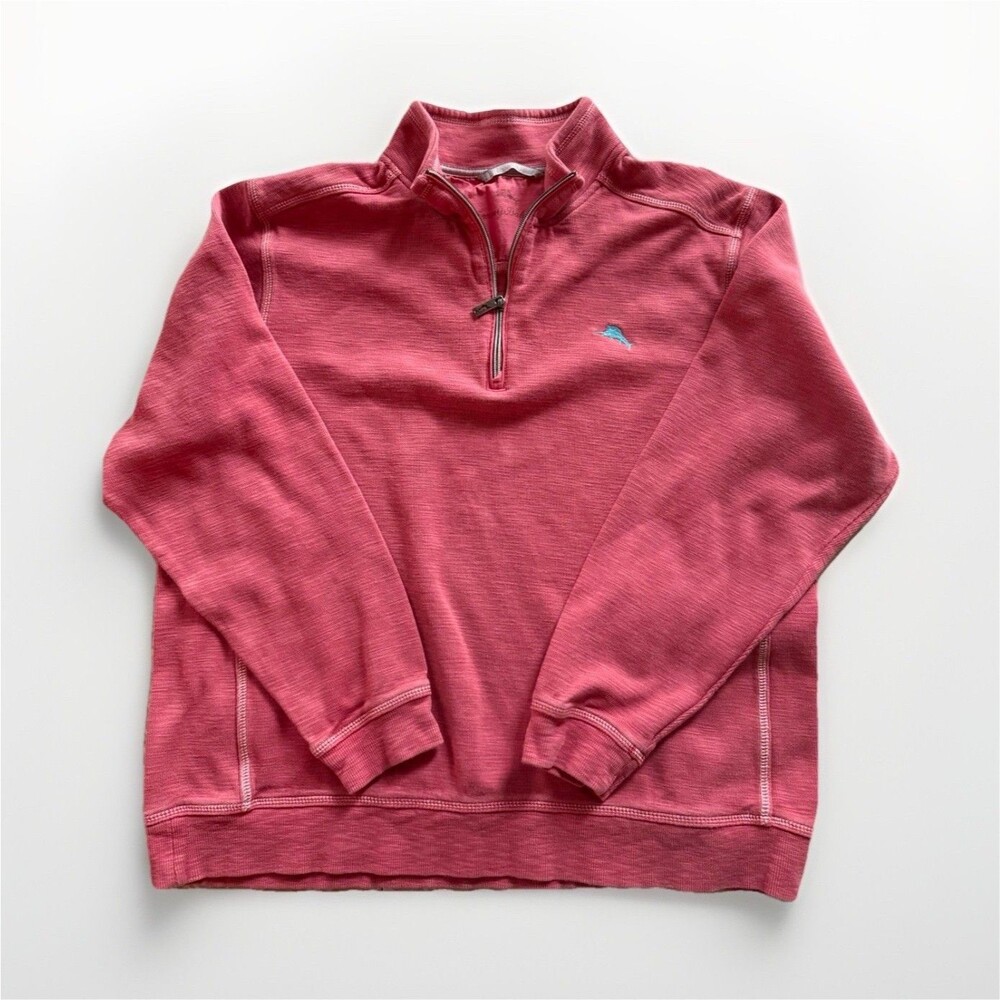 Tommy Bahama Men's XL Pink Solid 1/4 Zip Mock Neck Knit Sweatshirt Logo